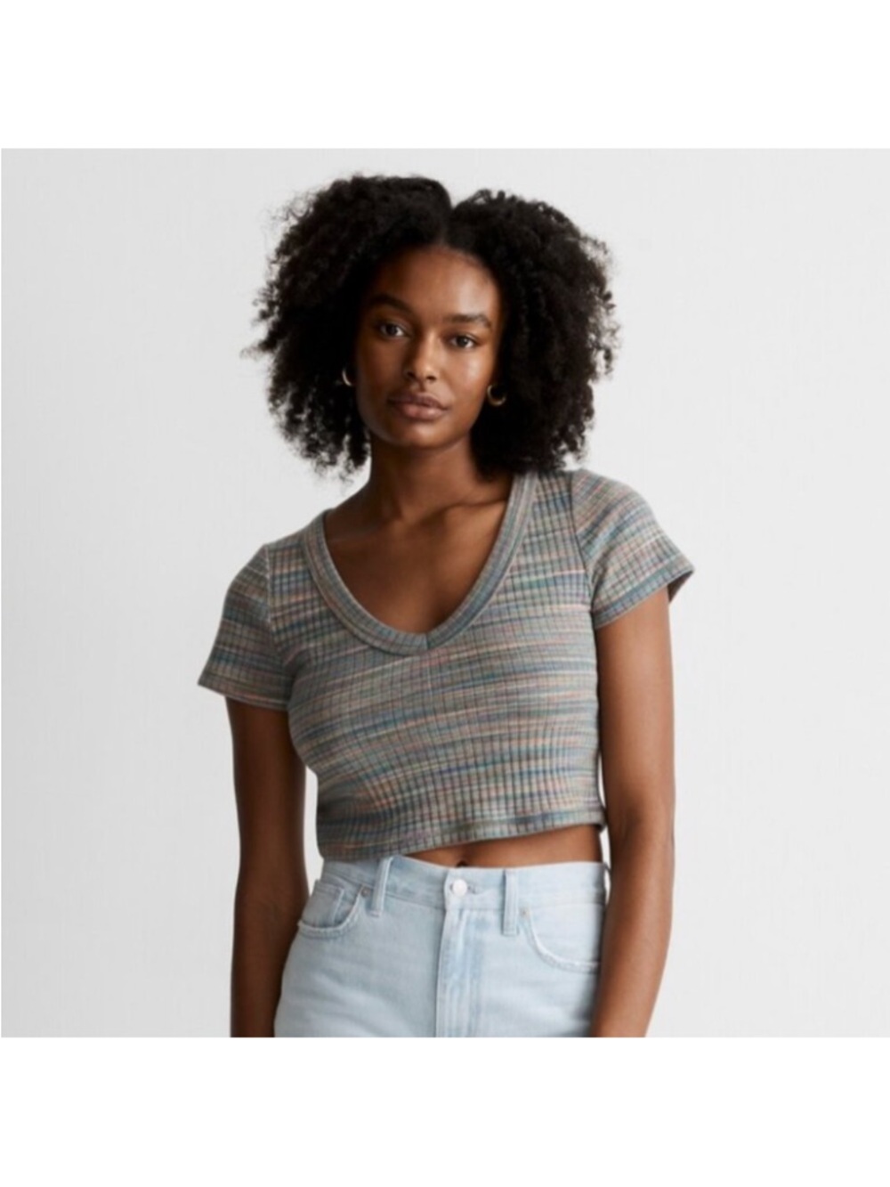 Madewell Striped Ribbed V-Neck Crop Top - Multicolor